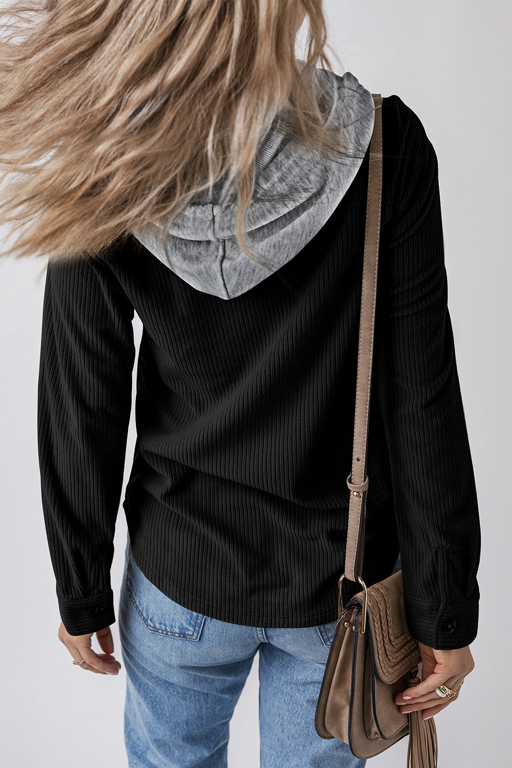Black Hooded Drawstring Pockets Corduroy Shacket eAura