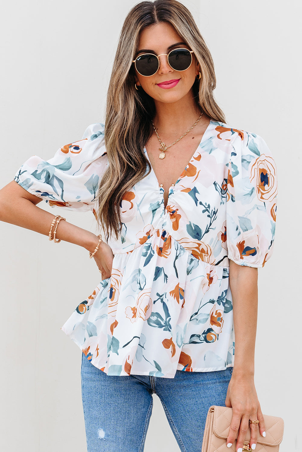 Green Floral Print Puff Sleeve V Neck Babydoll Blouse eAura