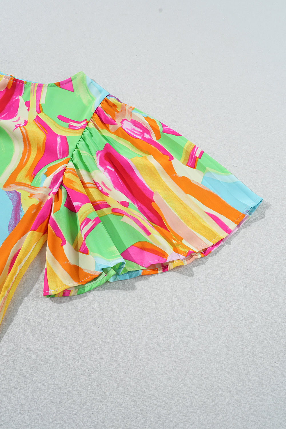 Multicolour Abstract Print Keyhole Back Pleated Half Sleeve Blouse eAura
