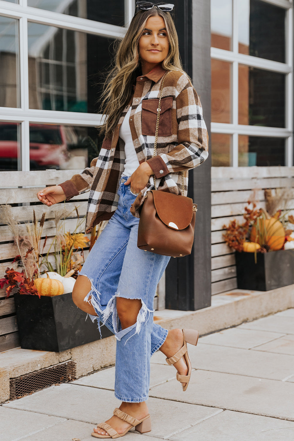 Brown Pocketed Buttoned Plaid Shirt Jacket Beagle Boutique Fashion Outlet