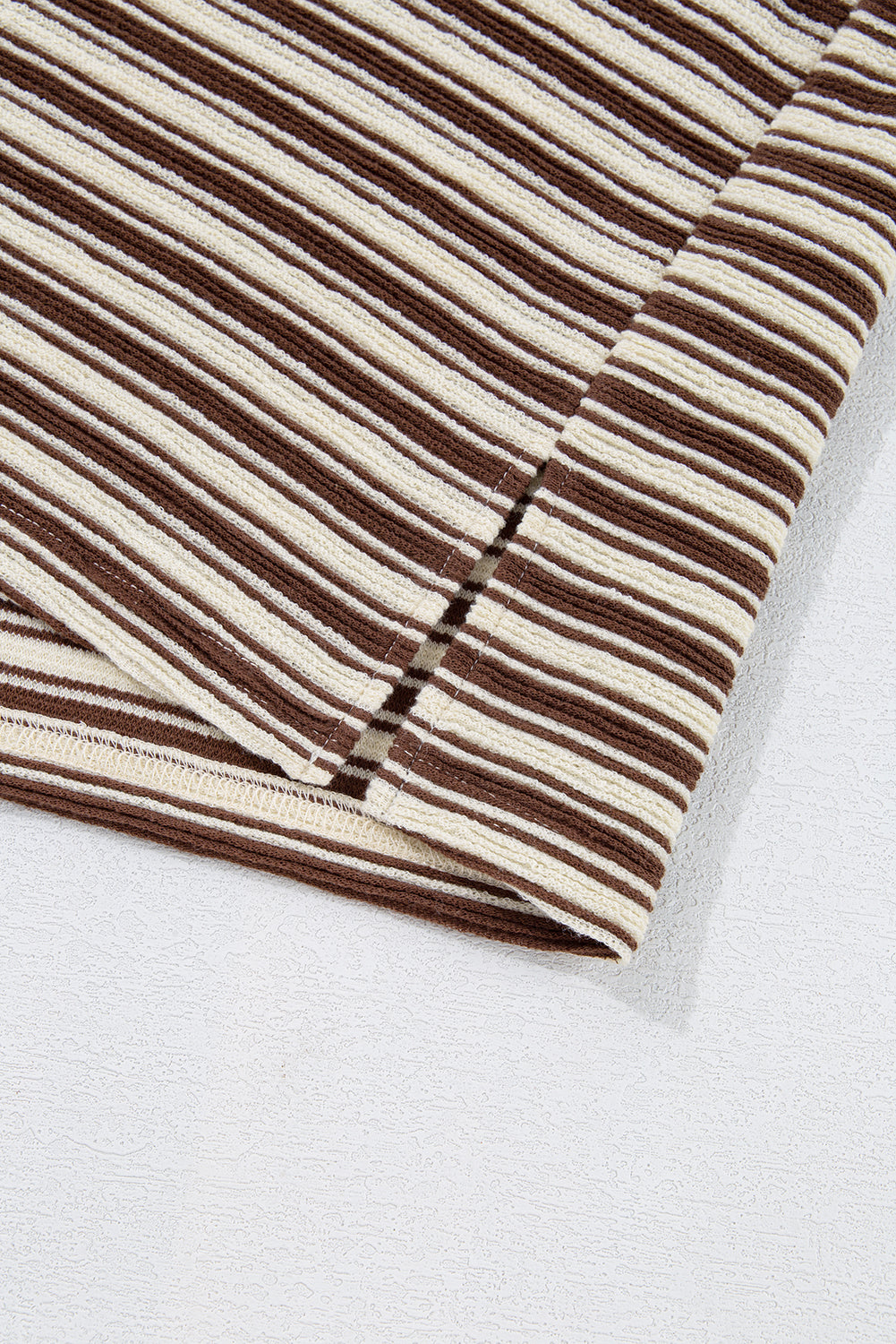 Brown Stripe Textured Side Slits Crew Neck T Shirt eAura