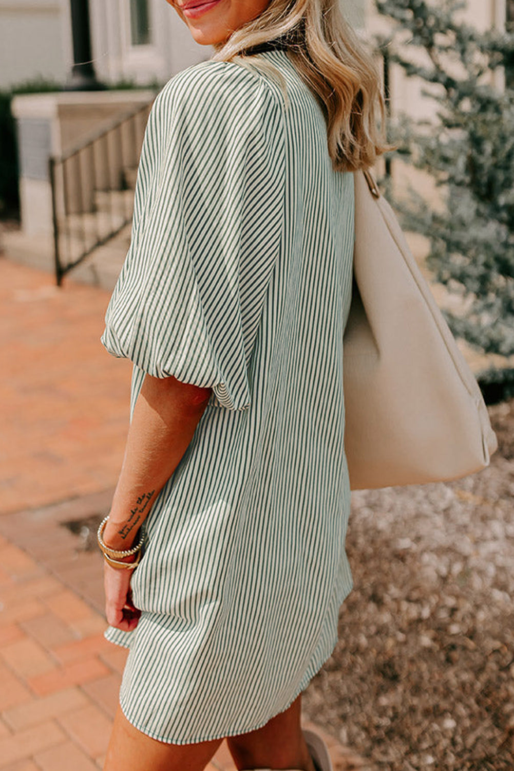 Green Patch Pockets Button Down Short Puff Sleeve Dress eAura