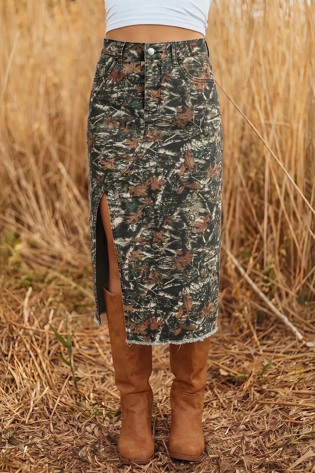 Woodland Camouflage Raw Hem Midi Skirt