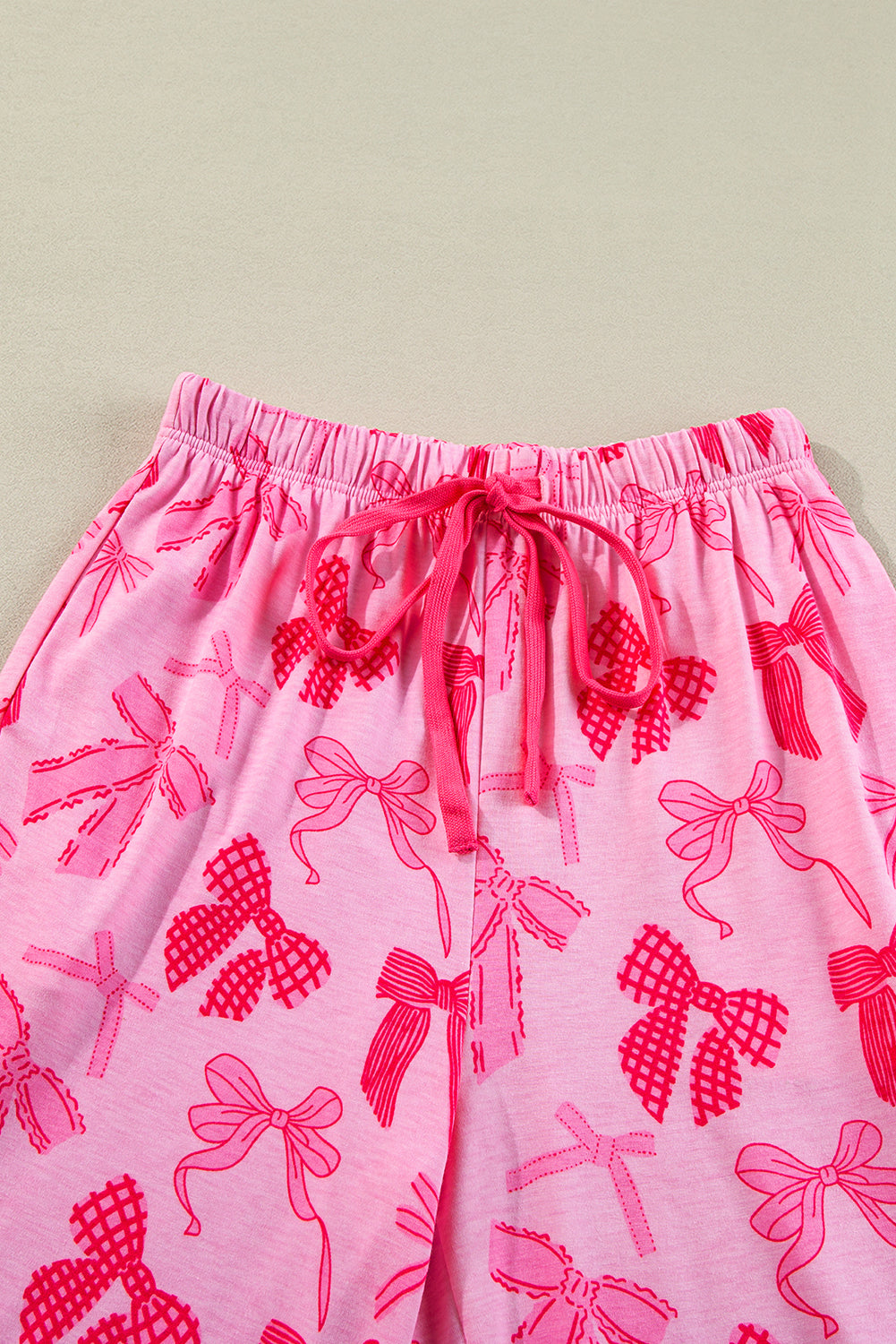 Pink Bow Knot Print Lapel Collar Short Sleeve and Pants Pyjamas Set Beagle Boutique Fashion Outlet