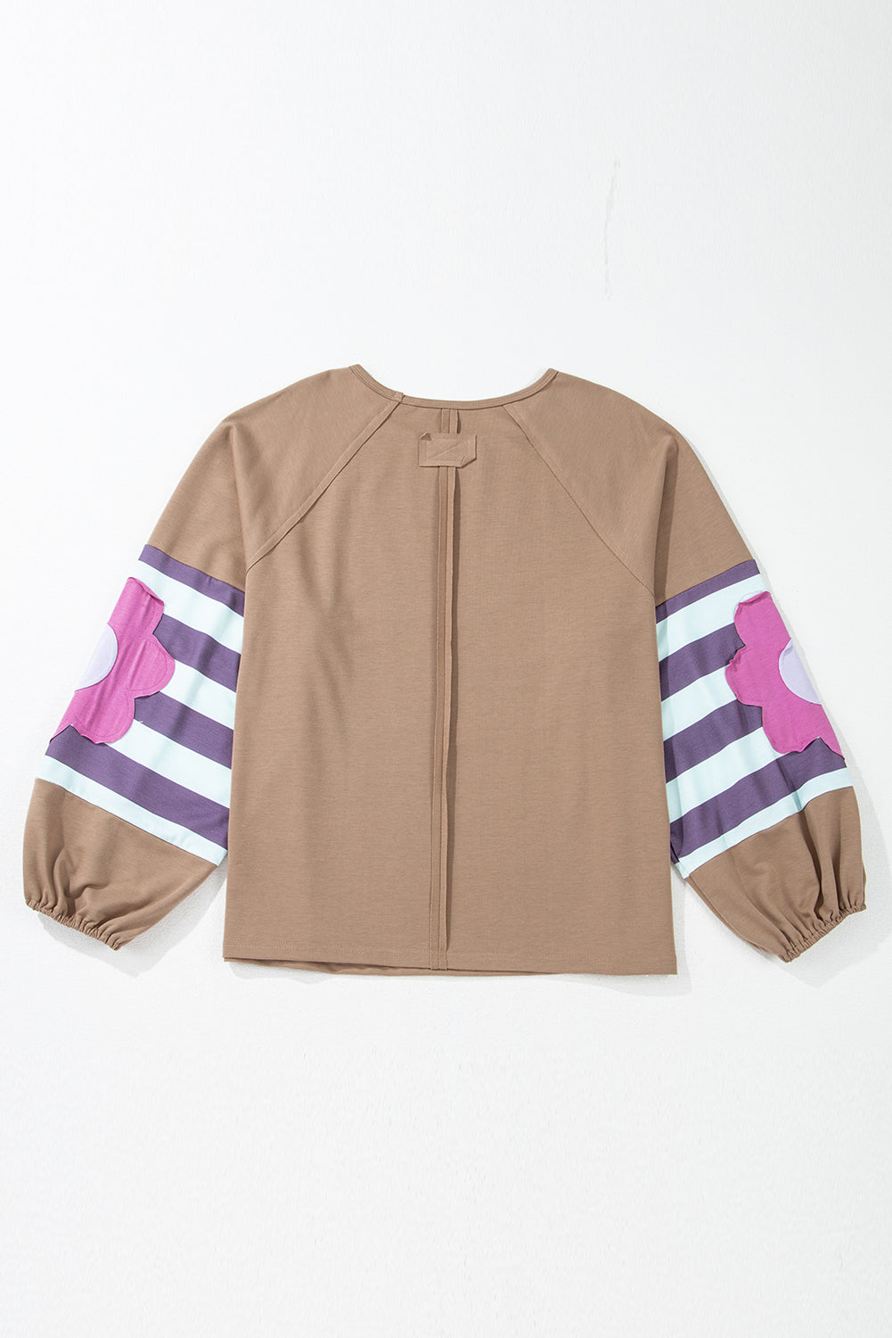 Light French Beige Flower Striped Patchwork Puff Sleeve Loose Sweatshirt BB Fashion Outlet