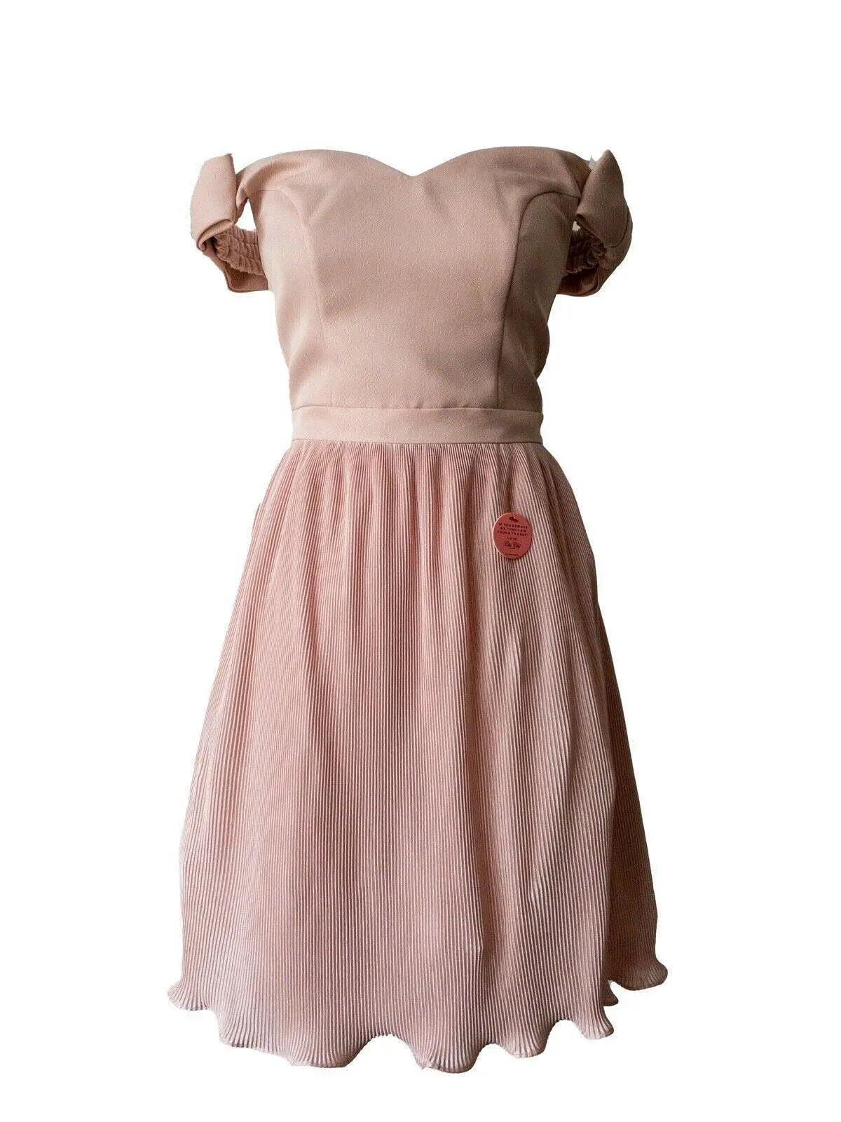 Chi Chi Liane Bow Detail Bardot Dress in Pink RRP £68 Micro-Pleat Skirt - BB Fashion Outlet