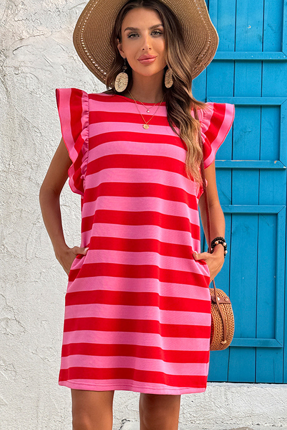 Red Stripe Flutter Sleeve Round Neck Shift Dress eAura