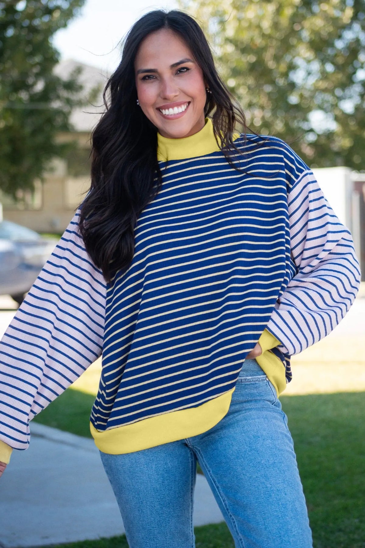 Contrast Long Sleeve Crew Neck Pullover Top – Blue Stripe