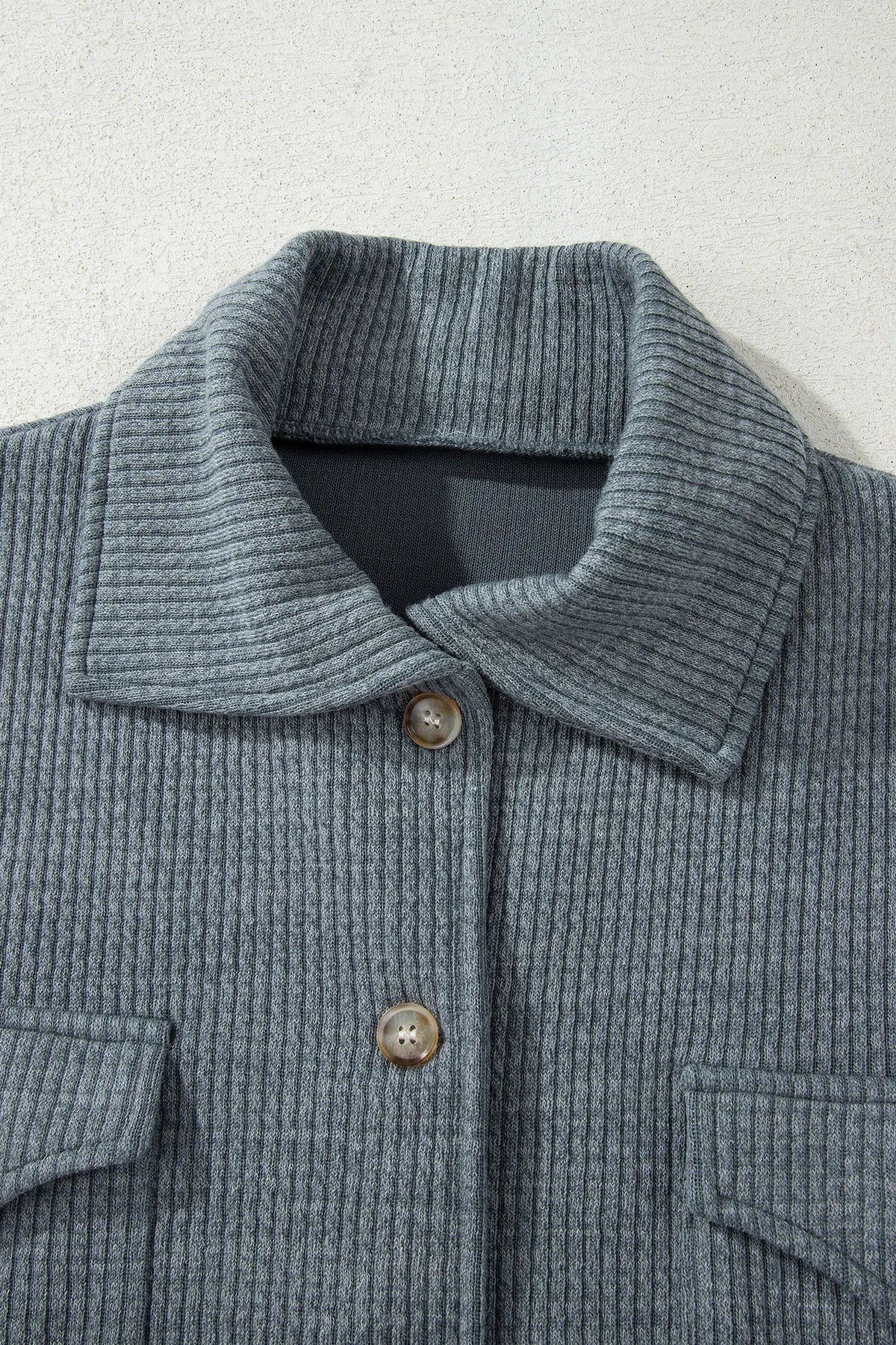 Medium Grey Ribbed Knit Buttons Front Flap Pocket Casual Shacket