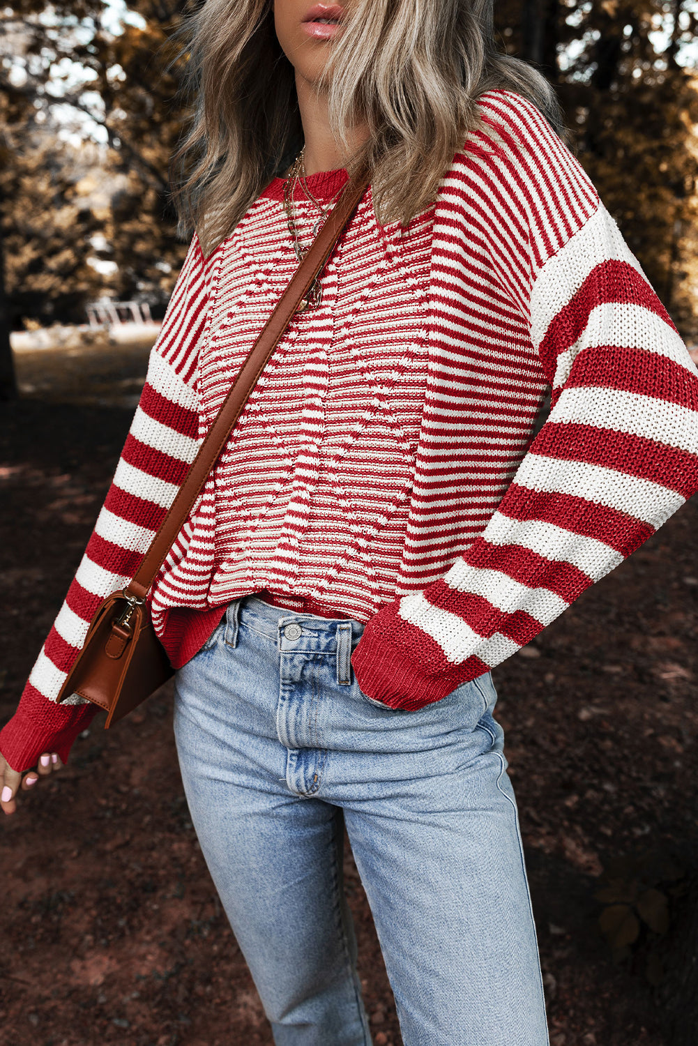Red Stripe Geometric Textured Drop Shoulder Sweater eAura