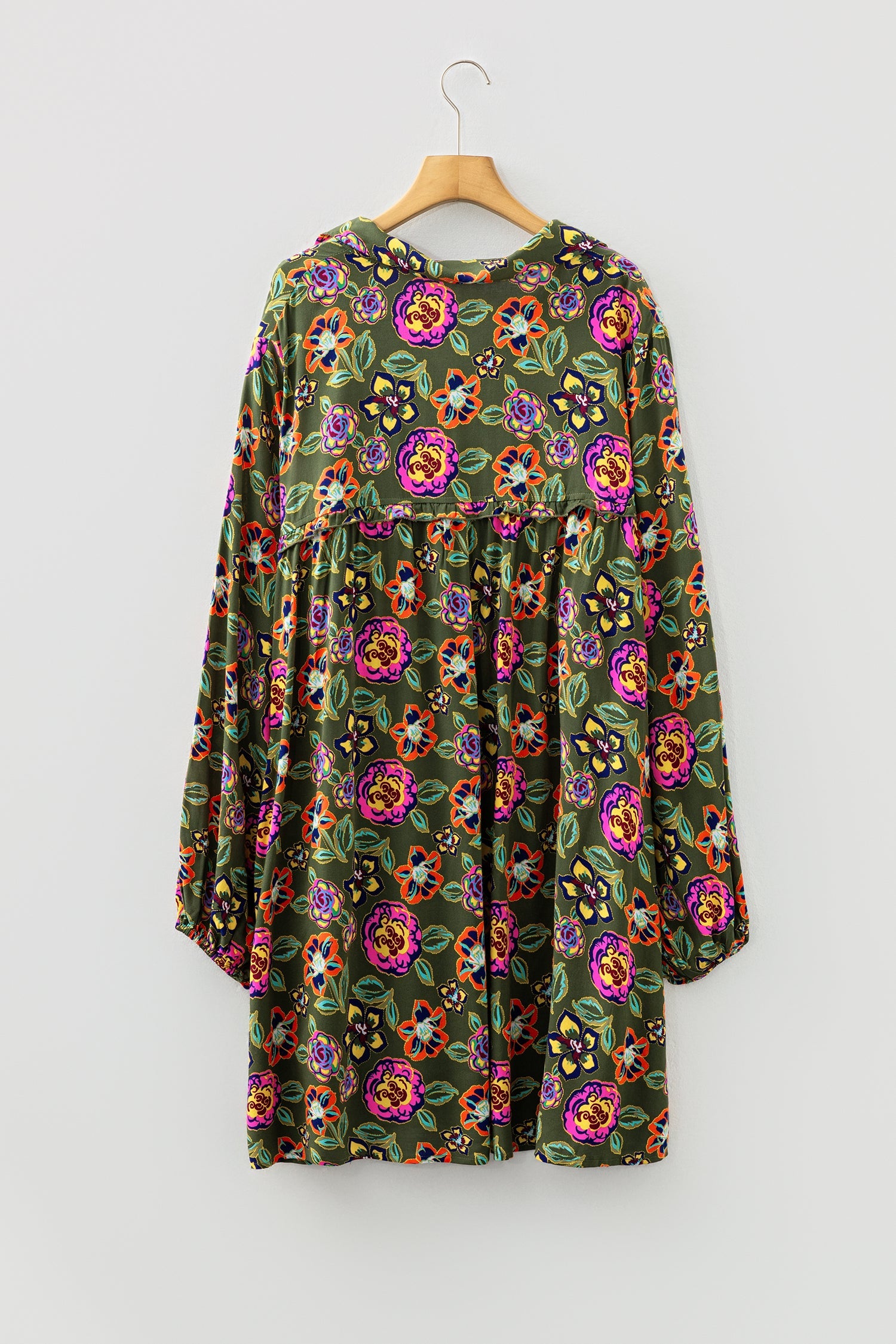 Plus Size Floral Print Collared V-Neck Loose Mini Dress - eAura