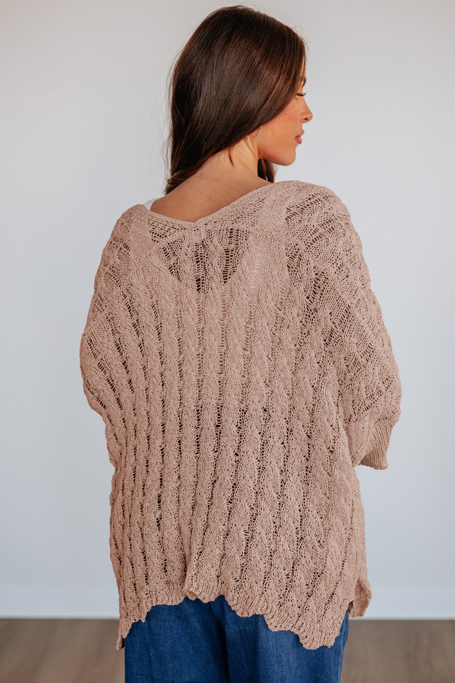 Hollowed Pattern Knit Drop Shoulder Open Sweater Cardigan – Old Rose