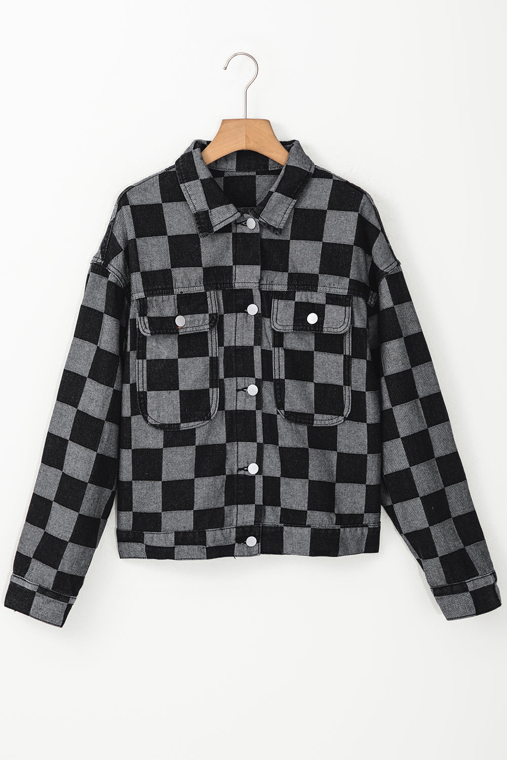 Light Blue Checkered Patchwork Button up Denim Jacket Beagle Boutique Fashion Outlet