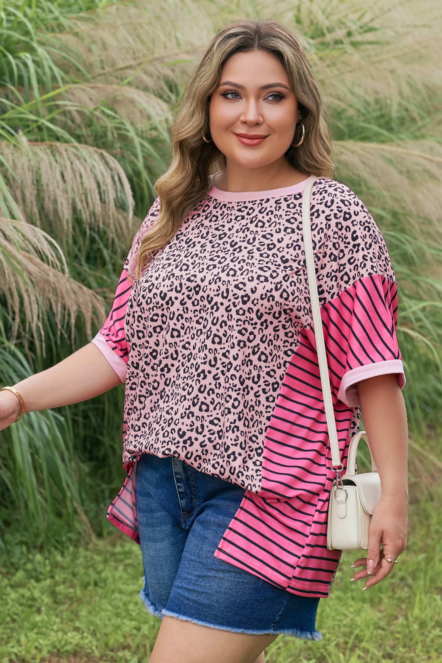 Plus Size Leopard Striped Contrast Patchwork Tee – Pink