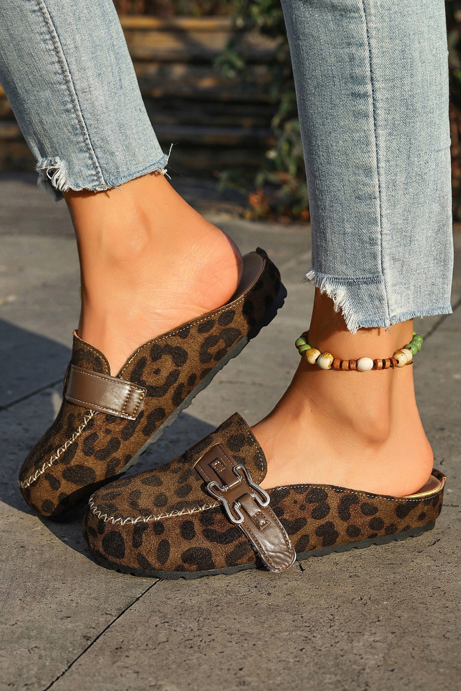 Coffee Faux Suede Buckle Strap Mule Sandals