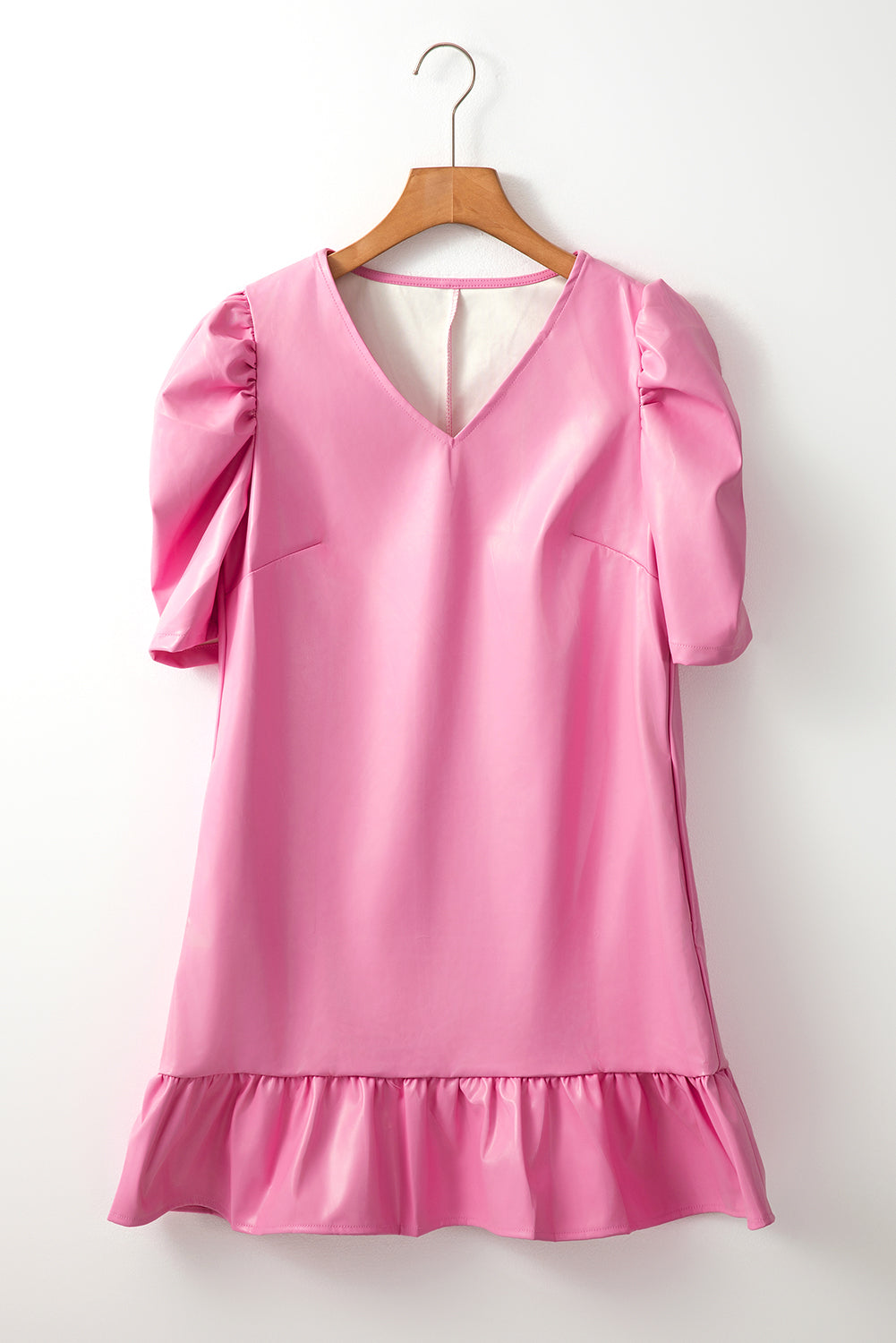 Sachet Pink Pleather Bubble Short Sleeve V Neck Ruffled Hem Mini Dress eAura