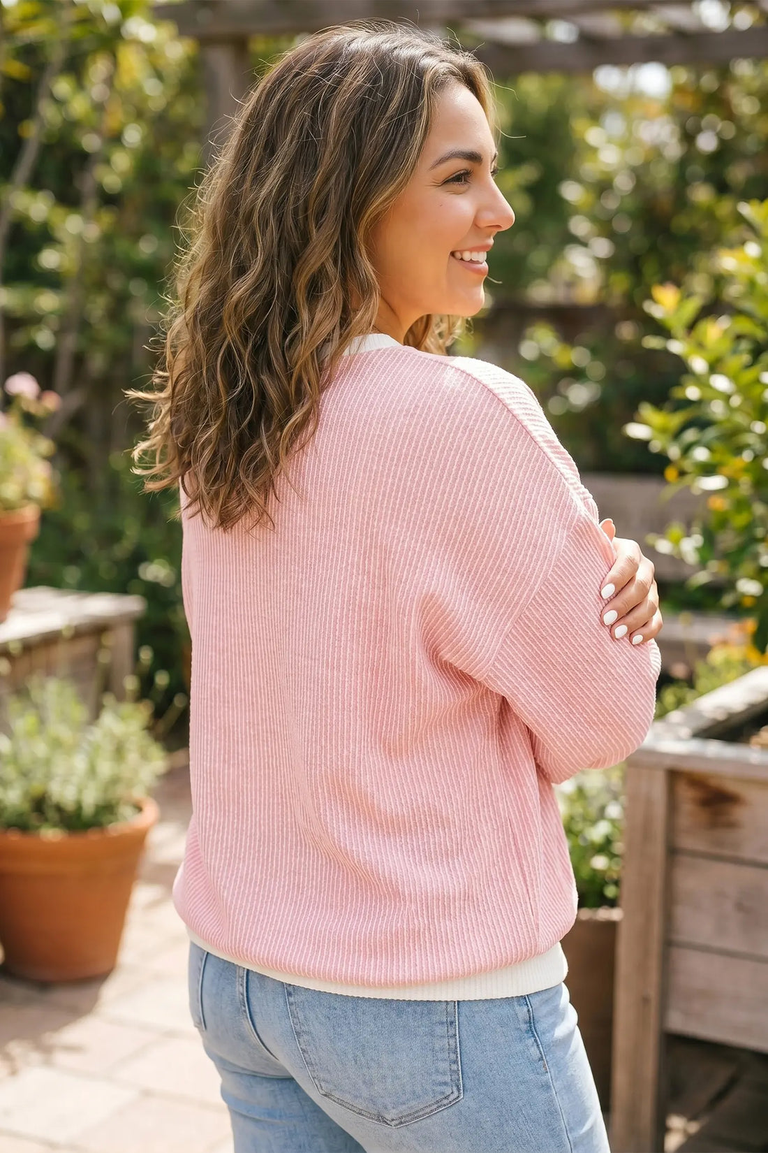 Ribbed Knit Colourblock Long Sleeve Round Neck Plus Size Blouse – Pink