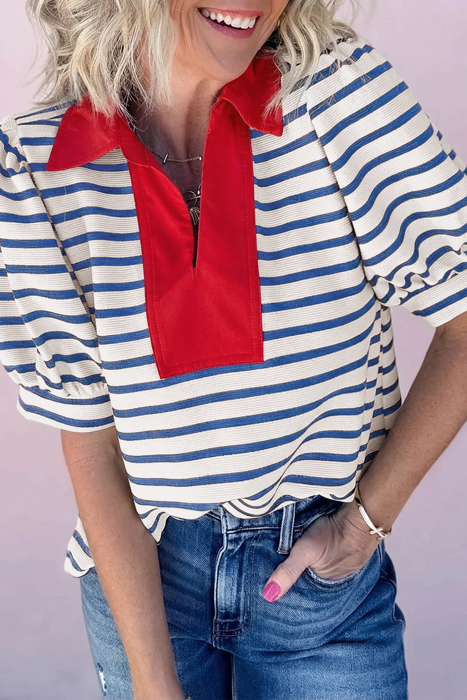 Short Puff Sleeve Color Block Polo Collar Blouse – Pink Stripe