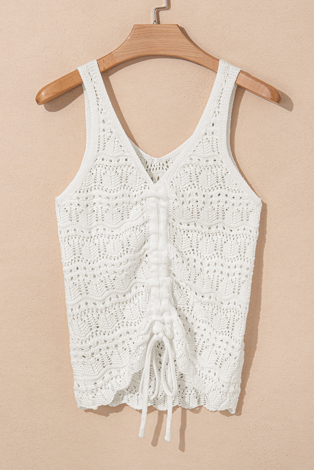 Beige Trendy Hollowed Knit V Neck Drawstring Sweater Vest eAura