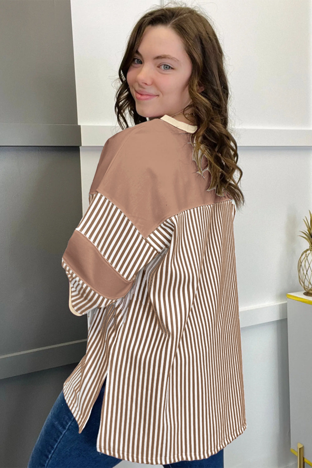 Pink Stripe Patchwork Bracelet Sleeve Plus Size T Shirt BB Fashion Outlet