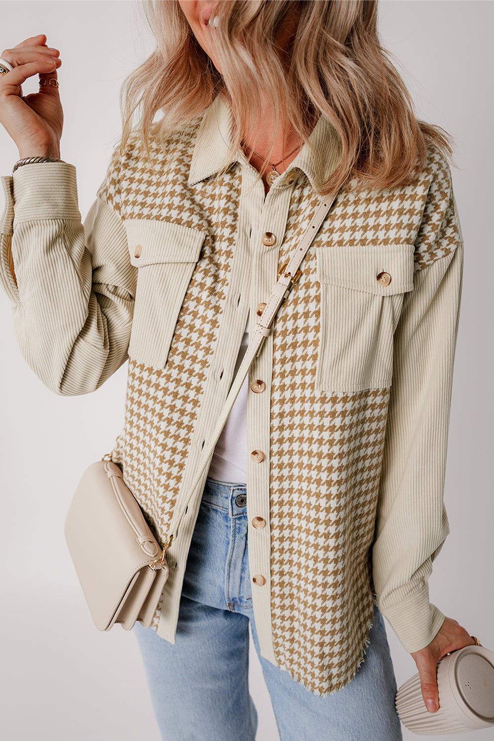 Parchment Houndstooth Corduroy Patchwork Flap Pocket Shacket Beagle Boutique Fashion Outlet
