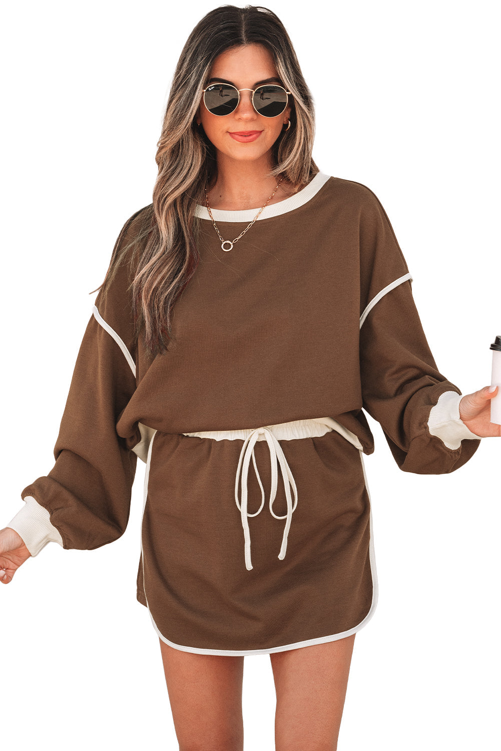 Coffee Colour Contrast Loose Pullover and Lace-up Waist Skort Set eAura