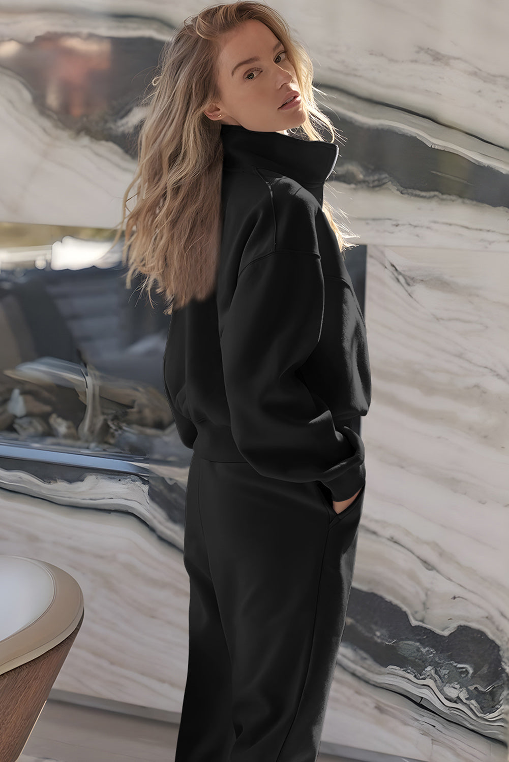 Black Half Zip up Pullover Active Top and Joggers Set Beagle Boutique Fashion Outlet