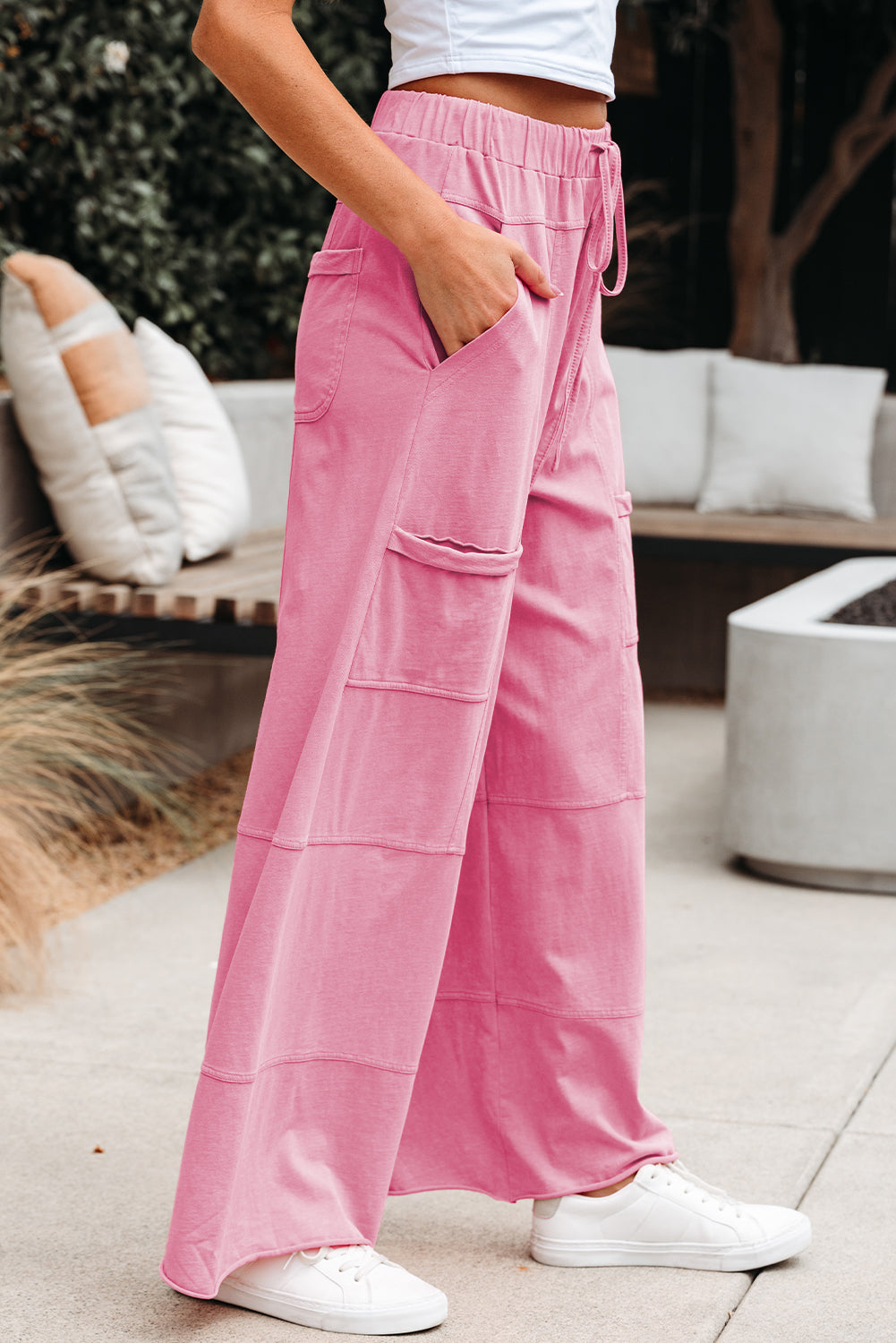 Mineral Wash Exposed Seam Drawstring High Waist Wide Leg Cargo Trousers eAura