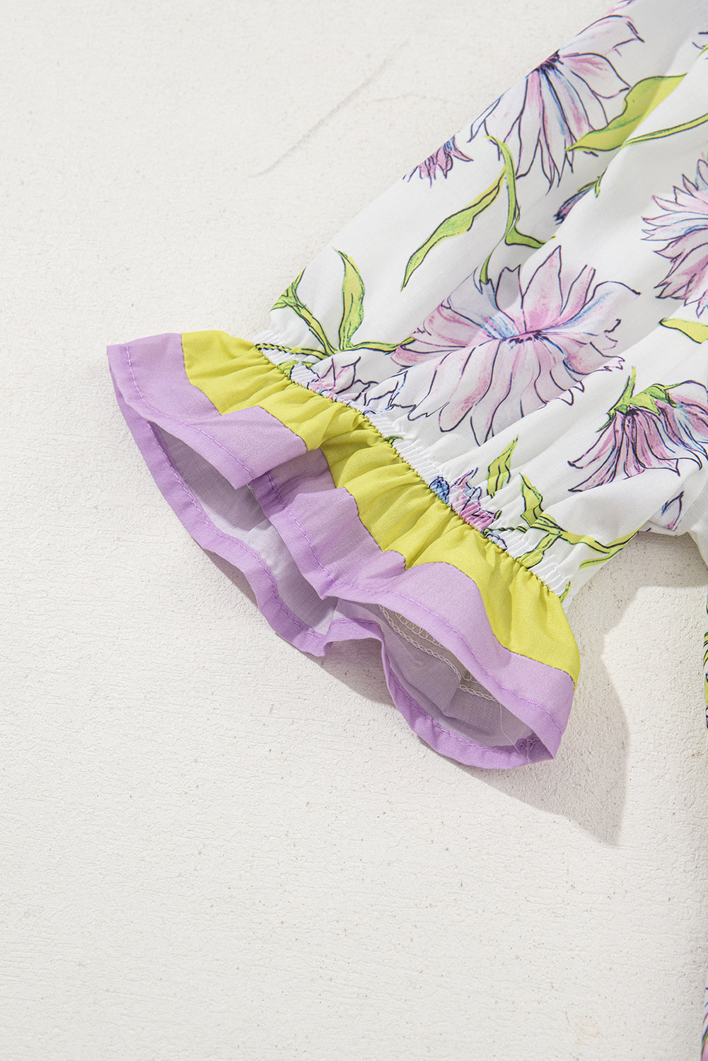 Purple Floral Print Striped Detail Split Neck Flounce Short Sleeve Peplum Blouse Dear-Lover Dropshipping