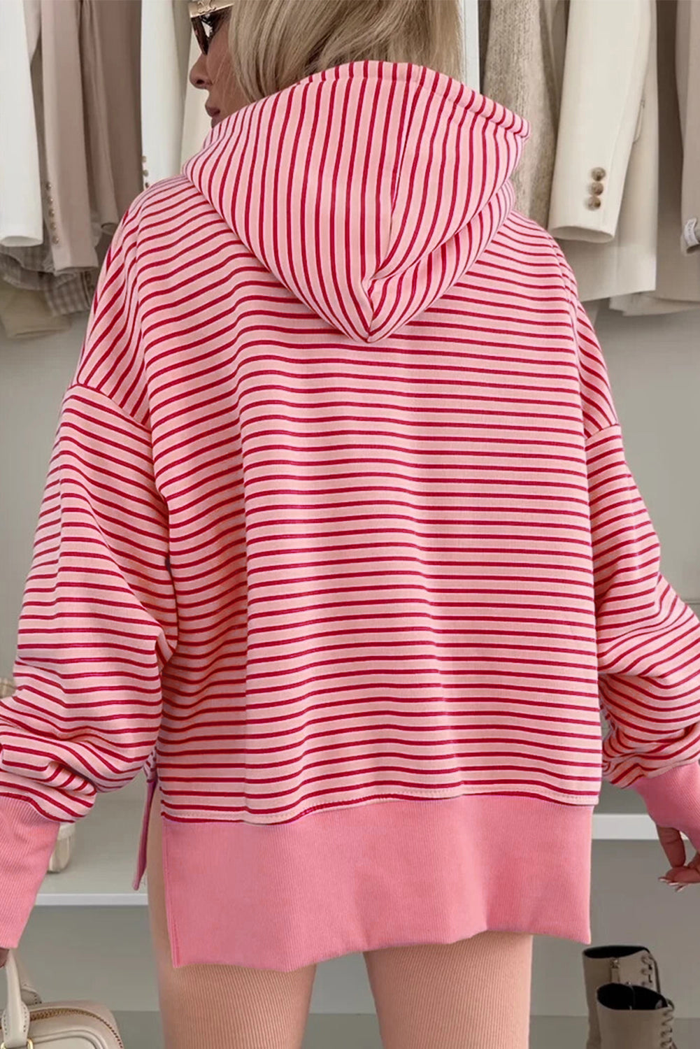 Stripe Thumbhole Side Slits Drop Shoulder Loose Fit Hoodie Dear-Lover Dropshipping