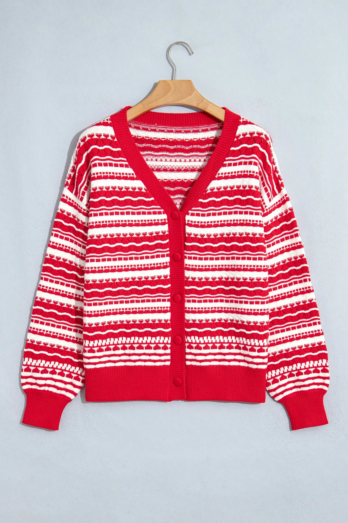 Geometric Striped Pattern V Neck Button Front Casual Knit Cardigan