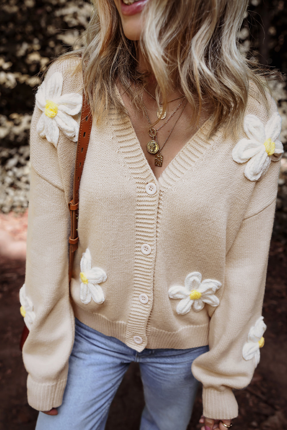 Parchment Elegant Flower Decor Button Front Cardigan eAura