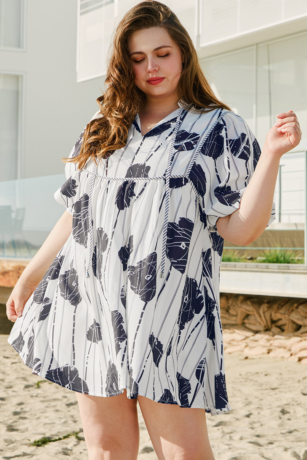Black Plus Size Floral 3/4 Puff Sleeve Lace-up Neck Mini Dress BB Fashion Outlet