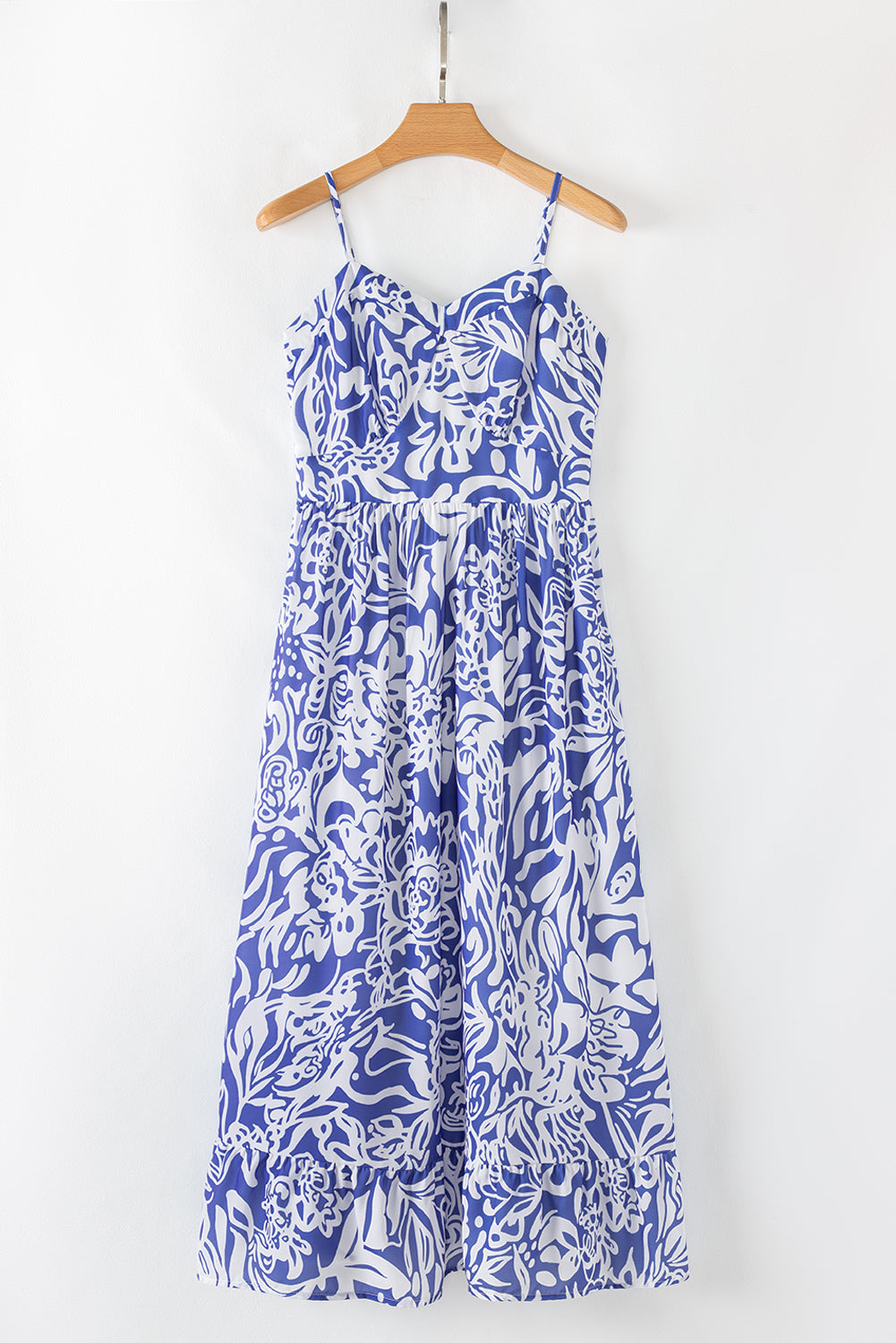 Sky Blue Floral Print Spaghetti Strap High Waist Maxi Dress eAura