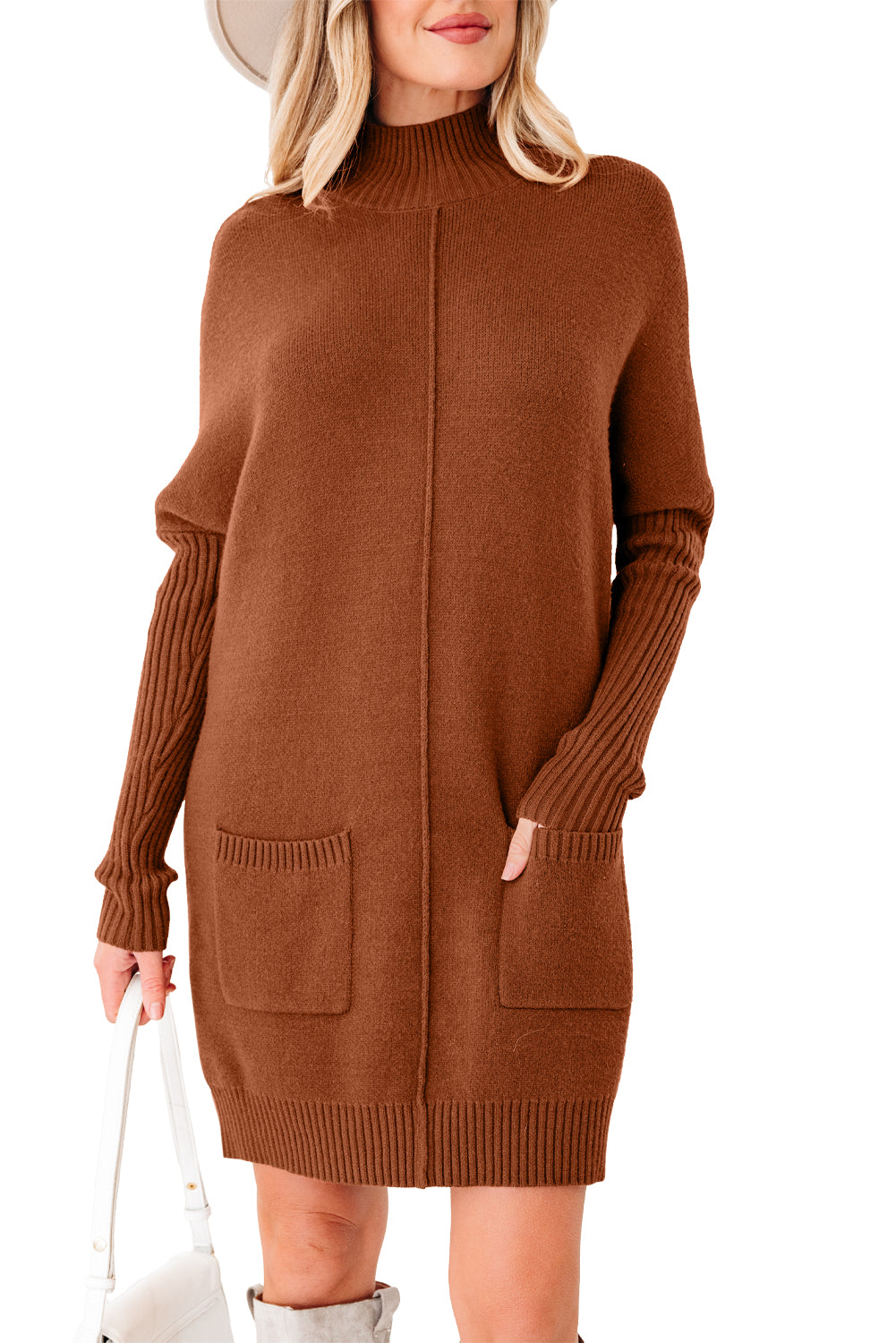 Ribbed High Neck Front Pockets Center Seam Shift Sweater Dress - eAura