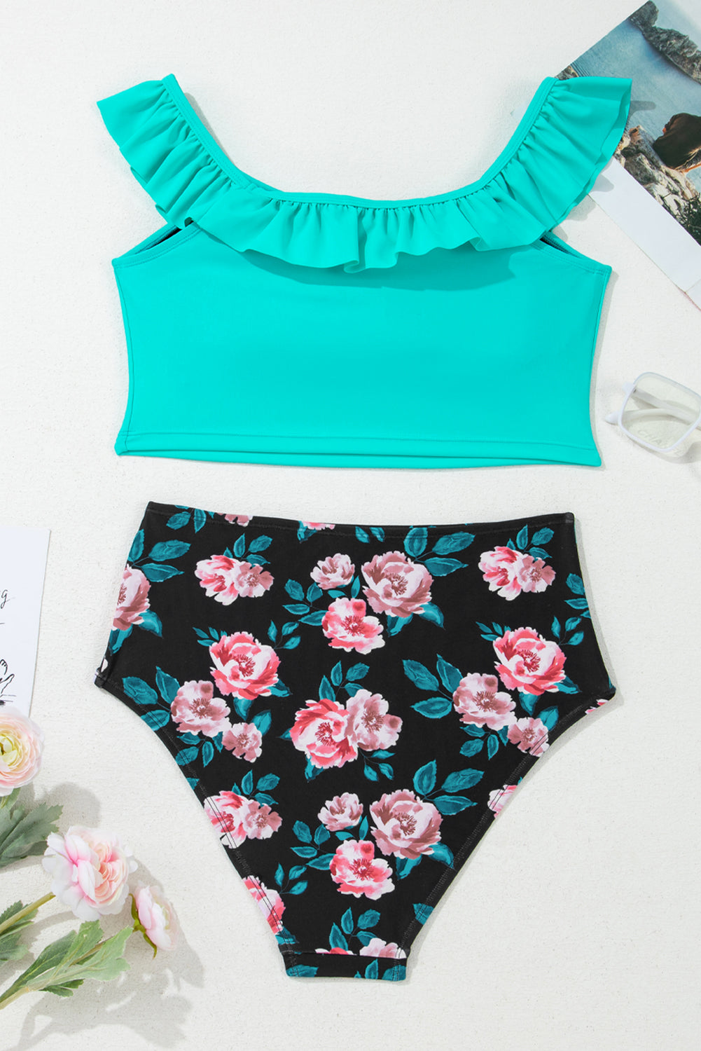 Sea Green Solid Ruffled Square Neck Swim Top and Floral Shorts Bikini Set BB Fashion Outlet