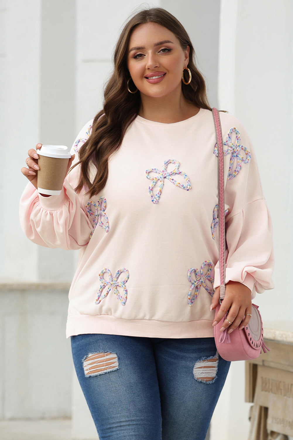 Parchment Embroidered Bow Lantern Sleeve Oversized Pullover Sweatshirt eAura