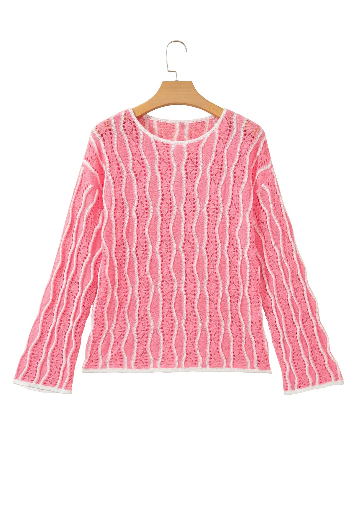 Wavy Detail Hollow Out Knit Long Sleeve Cotton Pullover Sweater – Pink