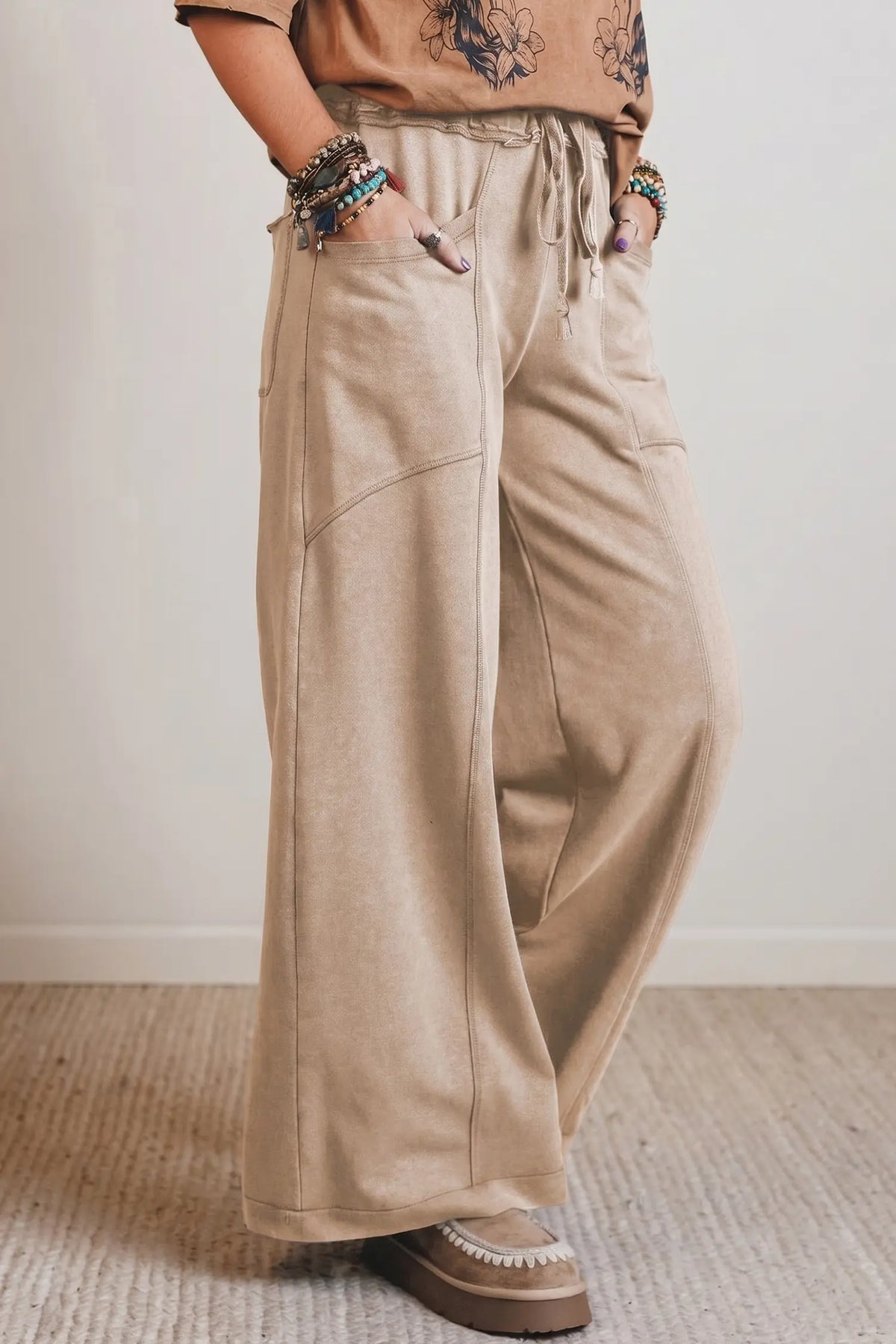 Mineral Wash Drawstring Retro High Waist Wide Leg Western Pants – Latte