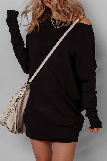 Black Asymmetric Neck Batwing Sleeve Shift Mini Sweater Dress Dear-Lover Dropshipping