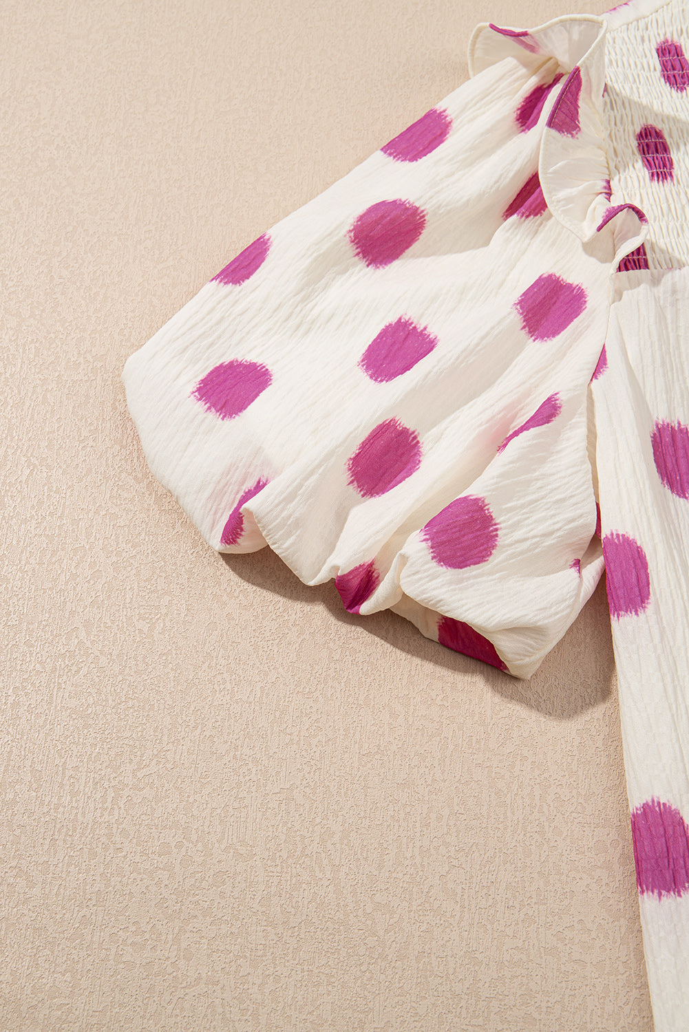 Rose Polka Dot Print Shirred Yoke Notched Neck Balloon Sleeve Blouse eAura