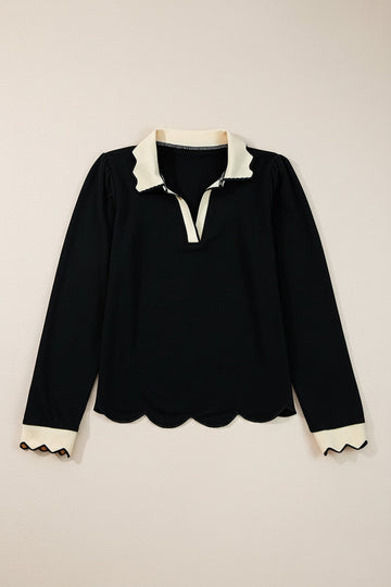 Scallop Trim Colour Block Long Sleeve Collared Top - eAura