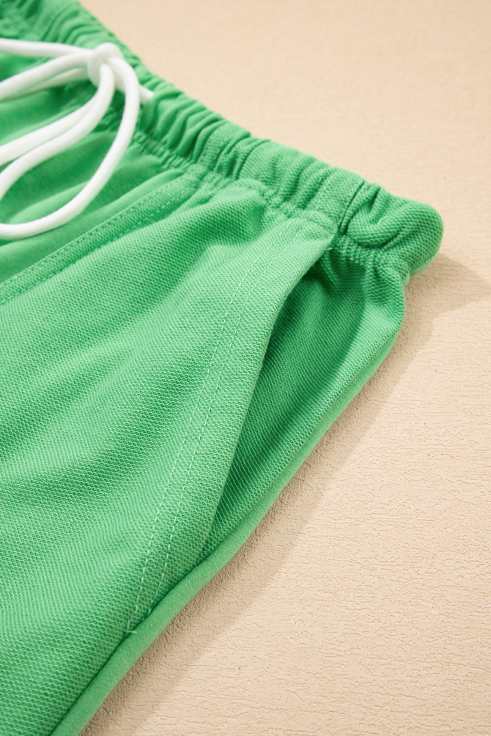 Mint Green V Neck Drop Shoulder Tee and Patchwork Drawstring Shorts Set eAura