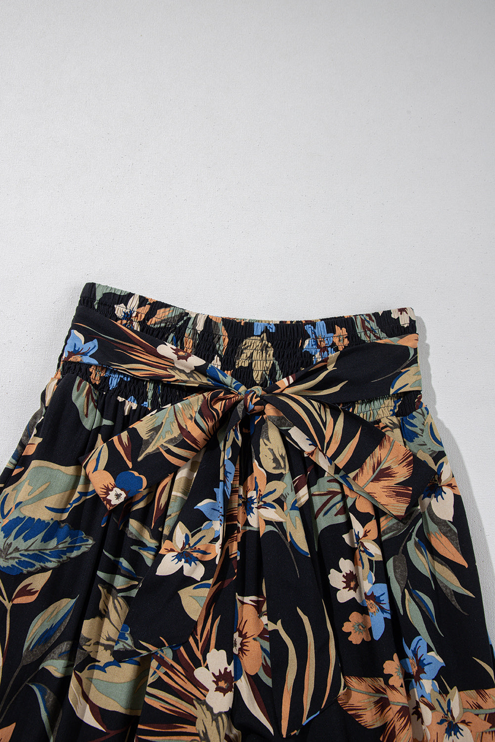 Multicolour Floral Shirred High Waist Wide Leg Trousers with Tie eAura