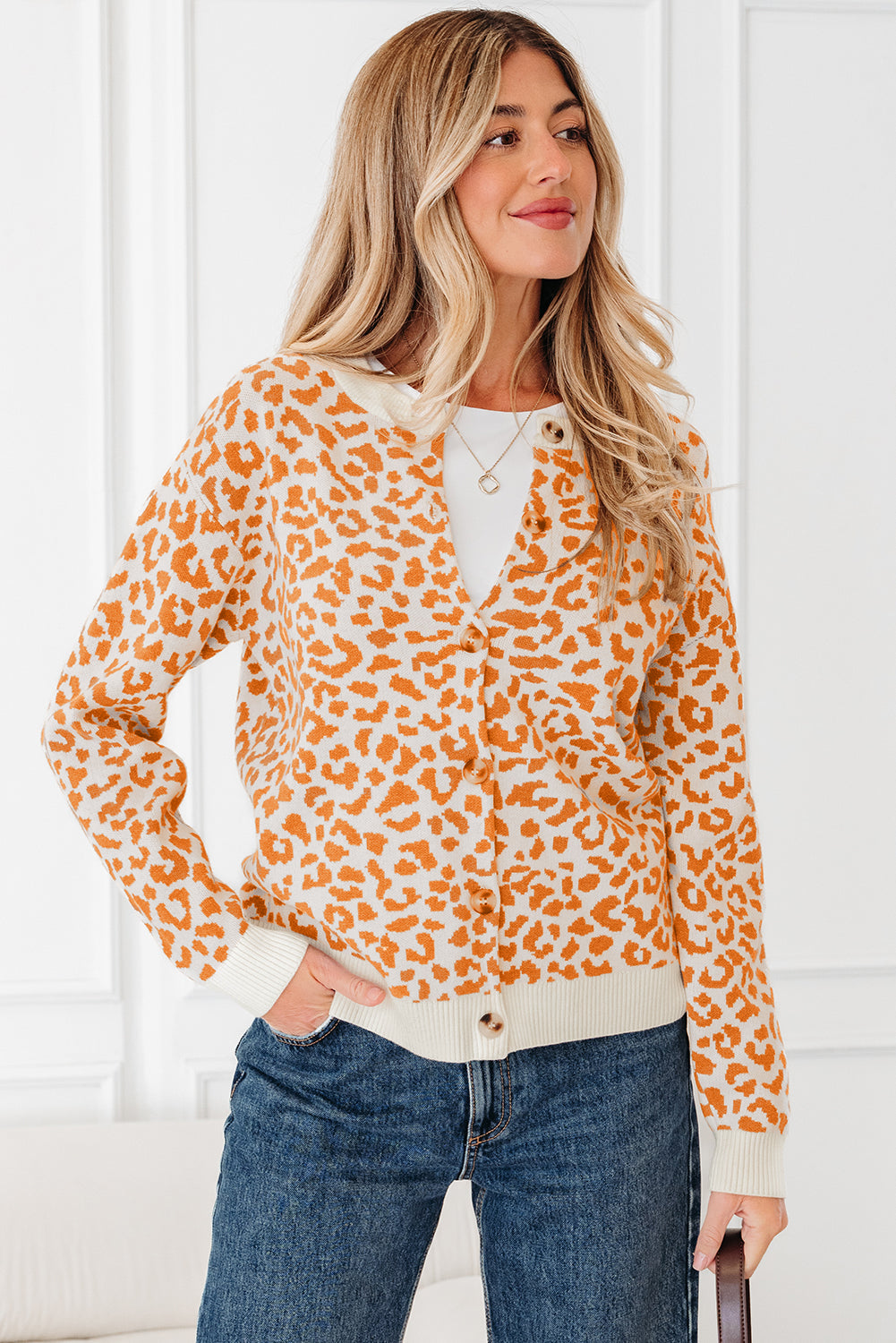Leopard Print Drop Shoulder Chunky Knit Cardigan - eAura