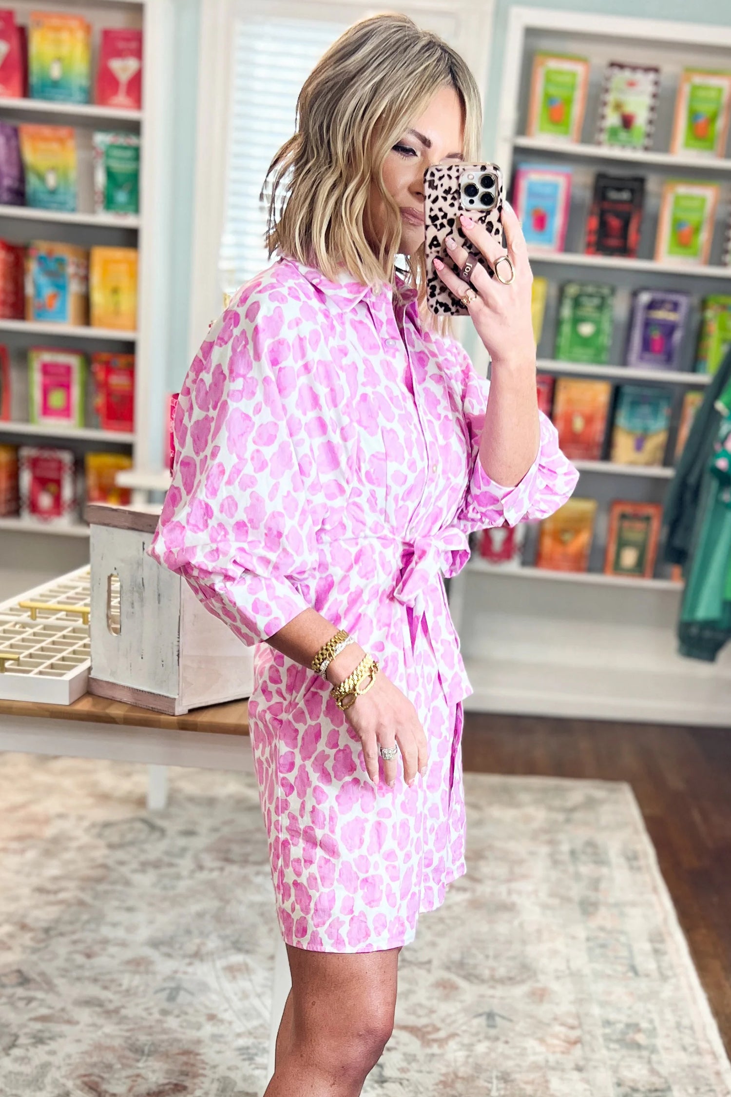 Abstract Leopard Print Tie Waist Puff Sleeve Mini Shirt Dress – Pink