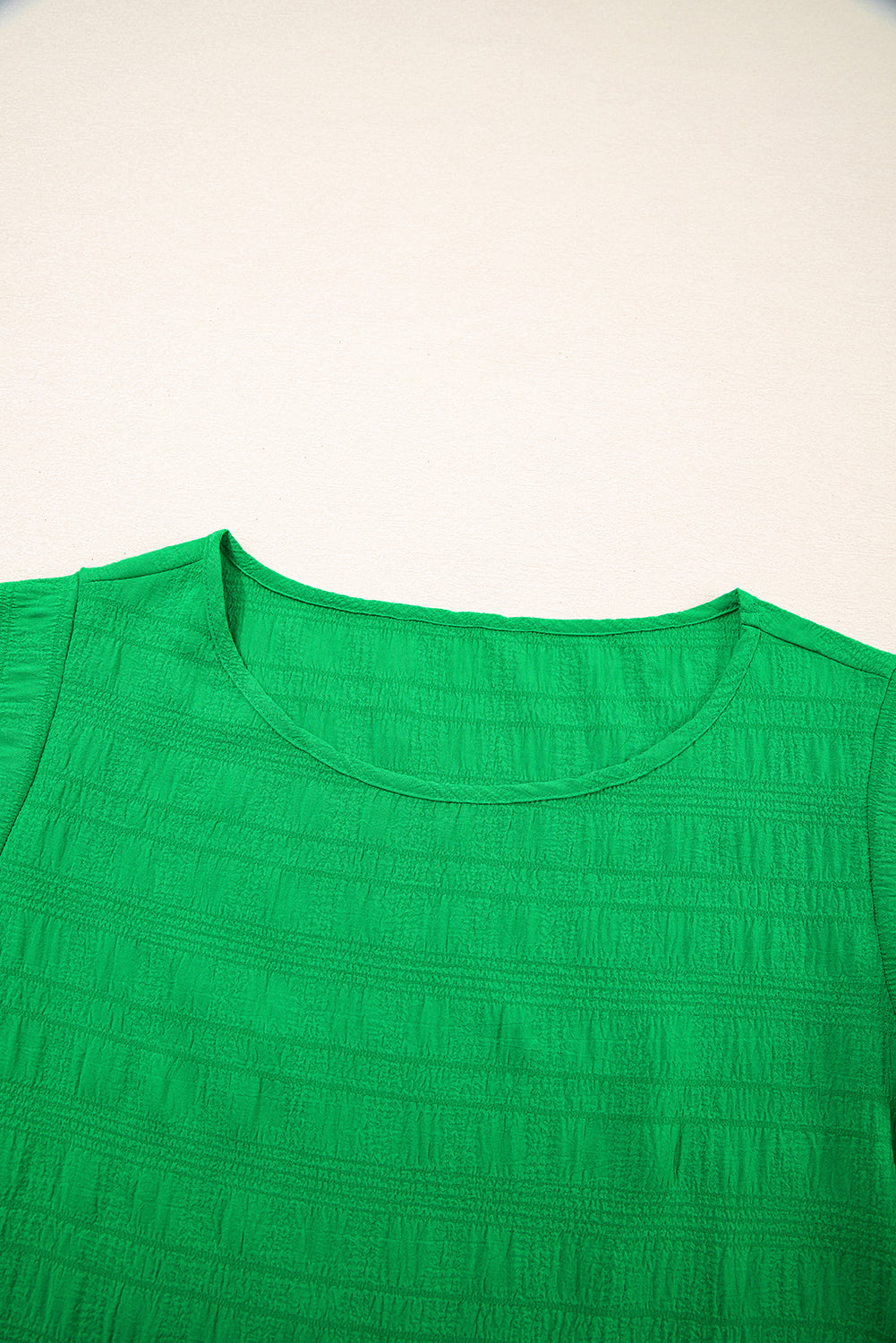 Dark Green Textured Ruffled Sleeve Round Neck Top eAura