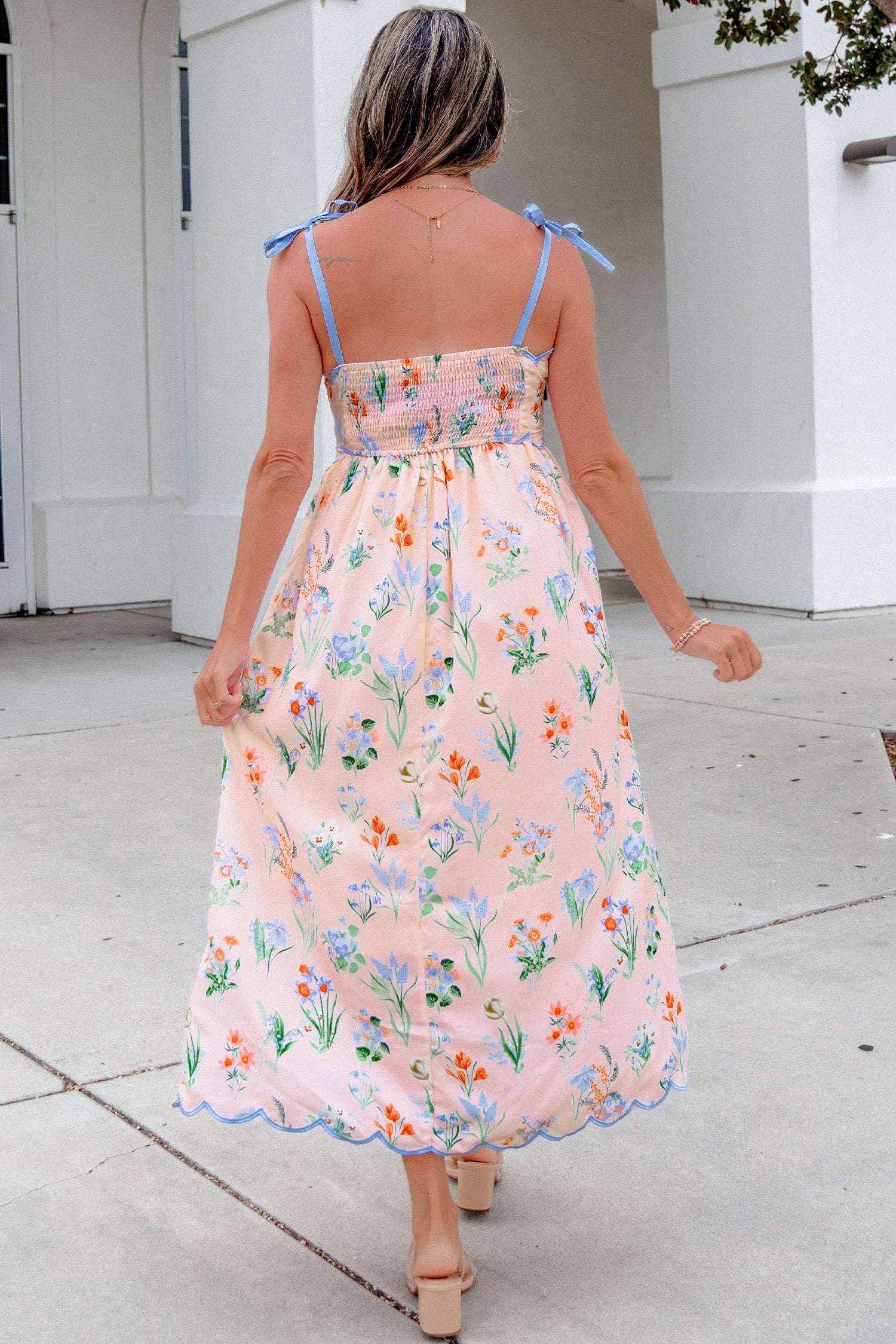 Floral Print Contrast Trim Self-Tie Straps Midi Dress