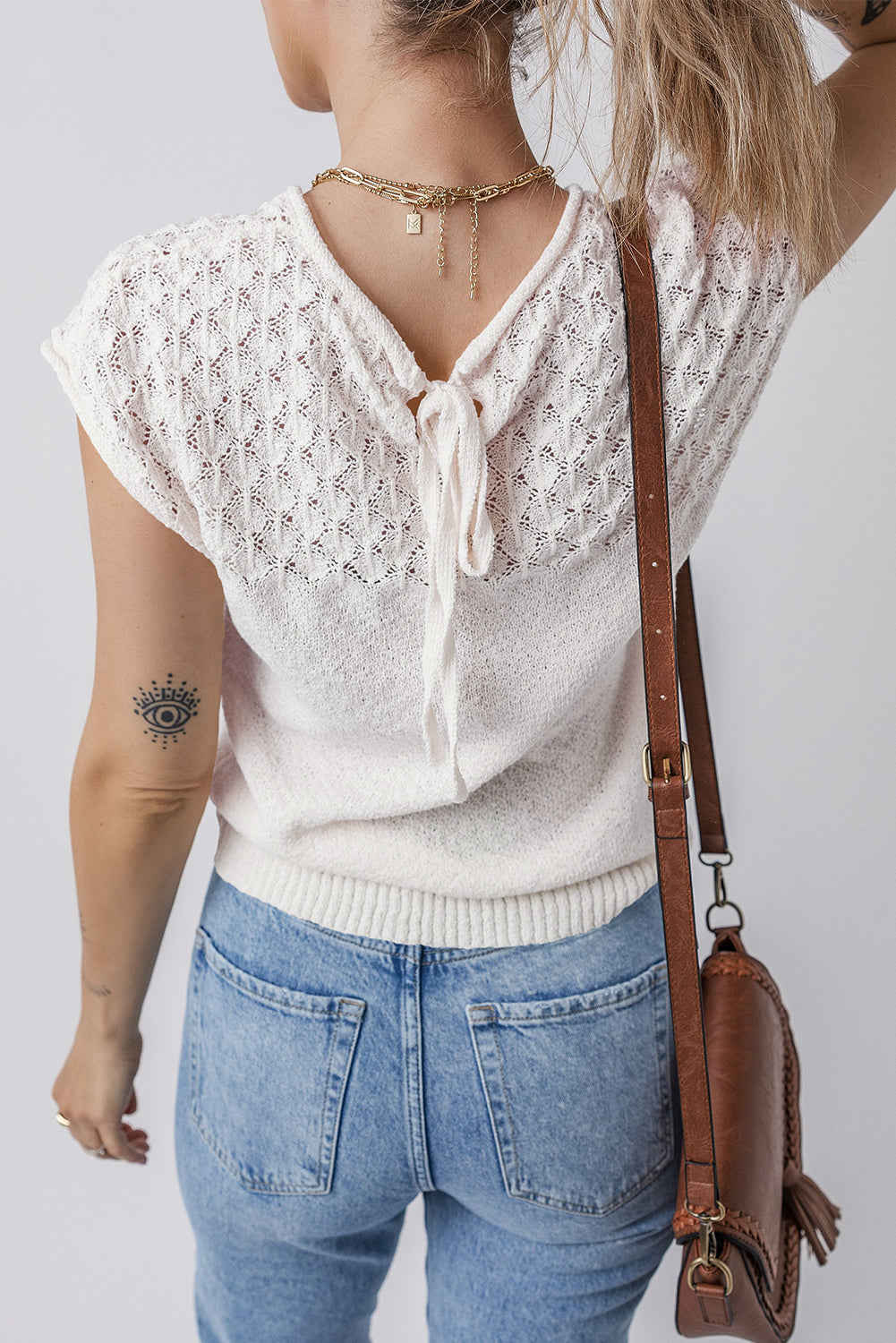 White Eyelet Knit Tied Back Short Sleeve Sweater eAura