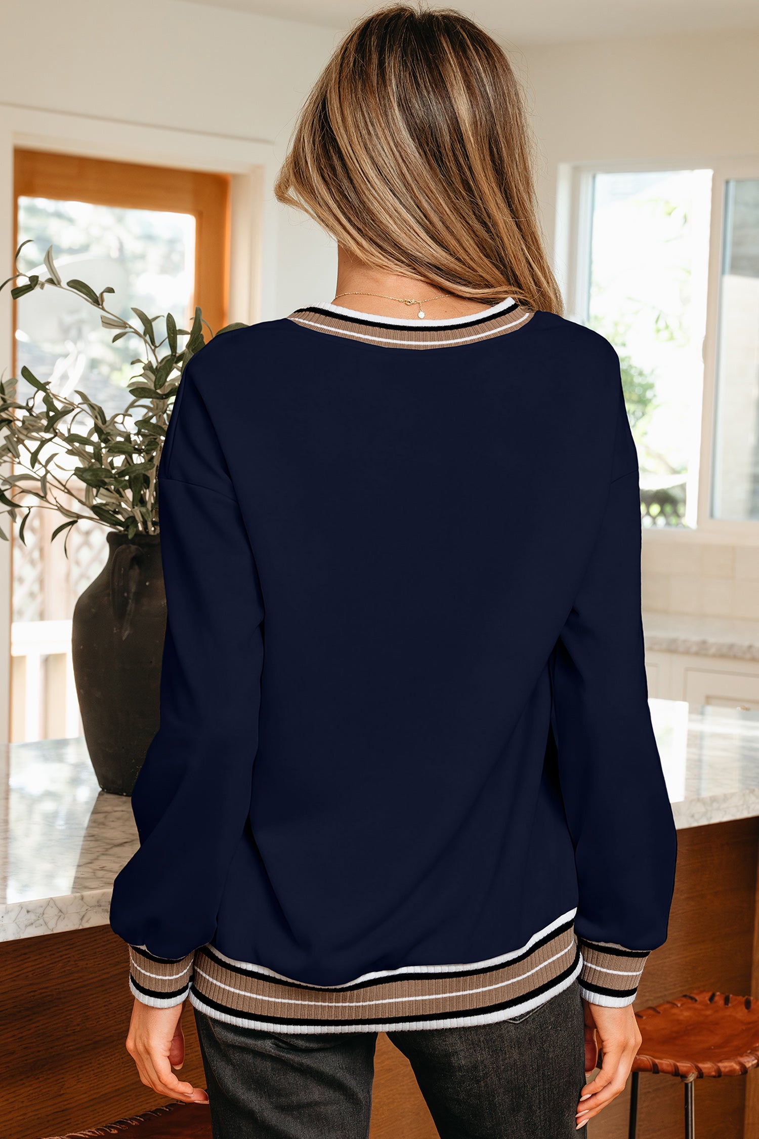 Varsity Contrast Striped Trim V-Neck Sweatshirt